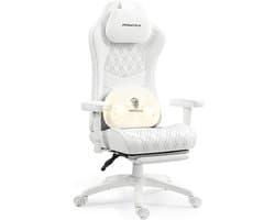 Dowinx Gamingstoel – Ergonomische Bureaustoel met Massage & Verwarming, Ademend Pocketveringkussen, Verstelbaar met Voetsteun, Nek- & Rugsteun – Wit