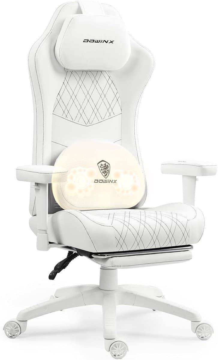 Dowinx Gamingstoel – Ergonomische Bureaustoel met Massage & Verwarming, Ademend Pocketveringkussen, Verstelbaar met Voetsteun, Nek- & Rugsteun – Wit — afbeelding 1