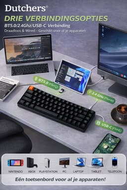Dutchers.® Gaming Keyboard 60% - Mechanisch Toetsenbord - Draadloos & Bedraad - 60 Procent - 2,4 GHz/Type-C/BT5.0 - Usb/Bluetooth - QWERTY - Compact – Bluetooth / 2.4G / USB-C – 2000mAh Accu – Zwart — thumbnail 4