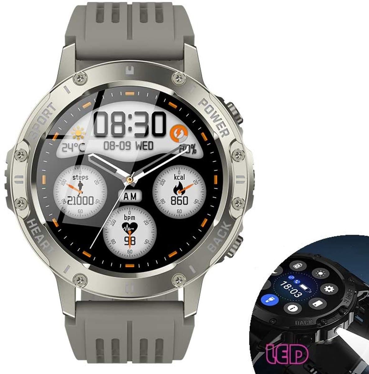 Knobbout 1.46”(3.7cm) Sportieve Smartwatch met LED Zaklamp – Bluetooth Bellen – HD Touchscreen (360×360) – 100+ Sportmodi – Hartslag, Bloeddruk & SpO₂ – IP68 Waterdicht – Muziekbediening – Android & iOS - Grijs — afbeelding 1