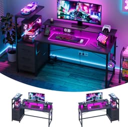 Gaming Bureau met LED Verlichting - 150L x 115H x50B cm - Hoekbureau met Stopcontact - 3 Non Woven Lade - Gaming Desk - Computer Tafel - Gaming Tafel - met Opbergplanken & IJzeren Haak - Zwart - Bureau voor Gamen, Studeren en Werken — thumbnail 8