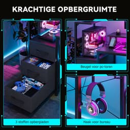 Gaming Bureau met LED Verlichting - 150L x 115H x50B cm - Hoekbureau met Stopcontact - 3 Non Woven Lade - Gaming Desk - Computer Tafel - Gaming Tafel - met Opbergplanken & IJzeren Haak - Zwart - Bureau voor Gamen, Studeren en Werken — thumbnail 6