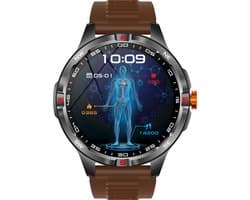 Knobbout 1.46” Sport Smartwatch met Extra Lange Batterijduur – 1000mAh - LED-zaklamp & kompas - AI Spraakassistent - Bluetooth Bellen - 100+ Sportmodi, IP68 Waterdicht -Bruin Silicone