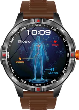 Knobbout 1.46” Sport Smartwatch met Extra Lange Batterijduur – 1000mAh - LED-zaklamp & kompas - AI Spraakassistent - Bluetooth Bellen - 100+ Sportmodi, IP68 Waterdicht -Bruin Silicone — thumbnail 1