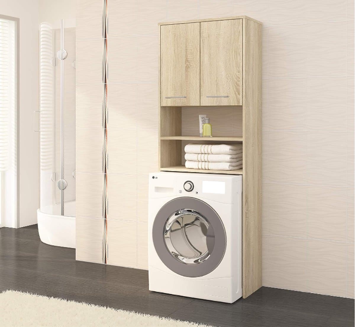 bovenbouwkast, badkamerkast, commode, wasmachine bovenkast, 64 x 180 x 30 cm (b x h x d), gewicht 30 kg, ombouwkast met 2 deuren en 2 open opbergvakken — afbeelding 1