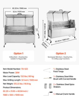VEVOR Rotisserie Grill 38W Speenvarken Grill Lam Grill Houtskool Grill (132 cm Grilllengte) met 60 Kg Draagvermogen & Wielen & 4-Voudige Hoogteverstelling & Deksel, Roestvrijstalen Elektrische Grillset Voor Kamperen — thumbnail 2
