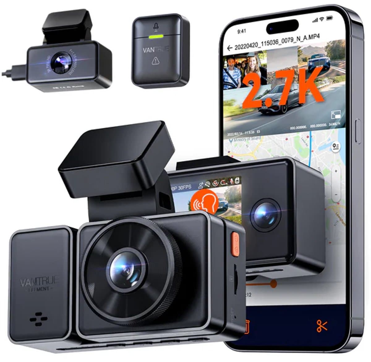 VANTRUE E3 3-kanaals 2.7K WiFi-dashcam – met GPS, spraakbesturing, STARVIS-sensor, infrarood nachtzicht, 24-uurs gebufferde parkeermodus, 3-weg opname (1944P + 1080P + 1080P) voor en achter, ondersteunt max. 512GB — afbeelding 1