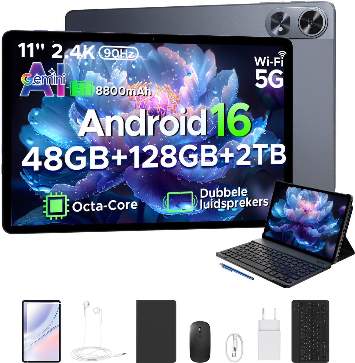 POCKAM P11 Pro - Tablet - 48 GB RAM (8+40 GB) + 128 GB ROM (2 TB/TF) - 11 inch FHD+ 90 Hz - Android 16 - 8800 mAh/18 W - T7250 - Dubbele luidsprekers - Gemini AI - Face ID - Widevine L1 - Complete accessoirebundel met toetsenbord en stylus - Grijs — afbeelding 1