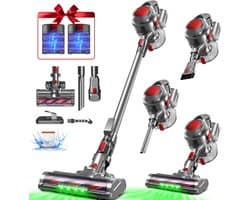 Hiaonyx Steelstofzuiger Draadloos,35000Pa, Tot 50 minuten werking, Met 2 accu’s, 1,6L stofcontainer, Geschikt voor huisdierenharen en tapijt,Rood