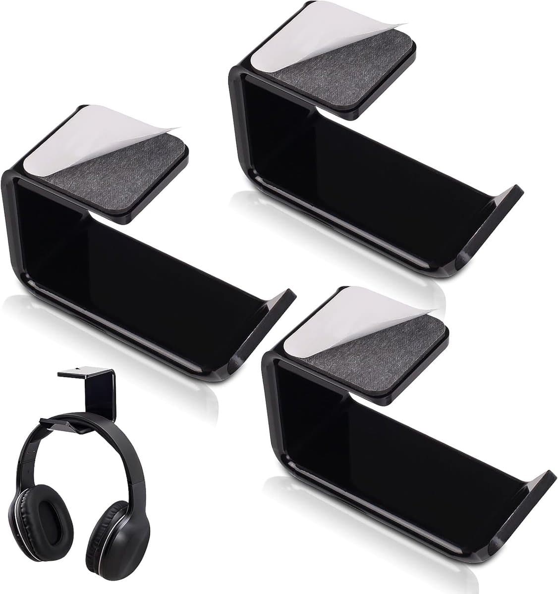3 stuks headset-houder, tafel, hoofdtelefoonhouder, universele koptelefoonhouder, wandhouder, hoofdtelefoonhouder met sterk plakband voor apparaten, bureau (zwart) — afbeelding 1