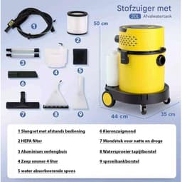 Profeco Stofzuiger Nat en Droog - Alleszuiger - Bouwstofzuiger - 3in1 Stofzuiger - 1200W - 20L - Blaasfunctie, Spray & Extractie - Geel/Zwart — thumbnail 4