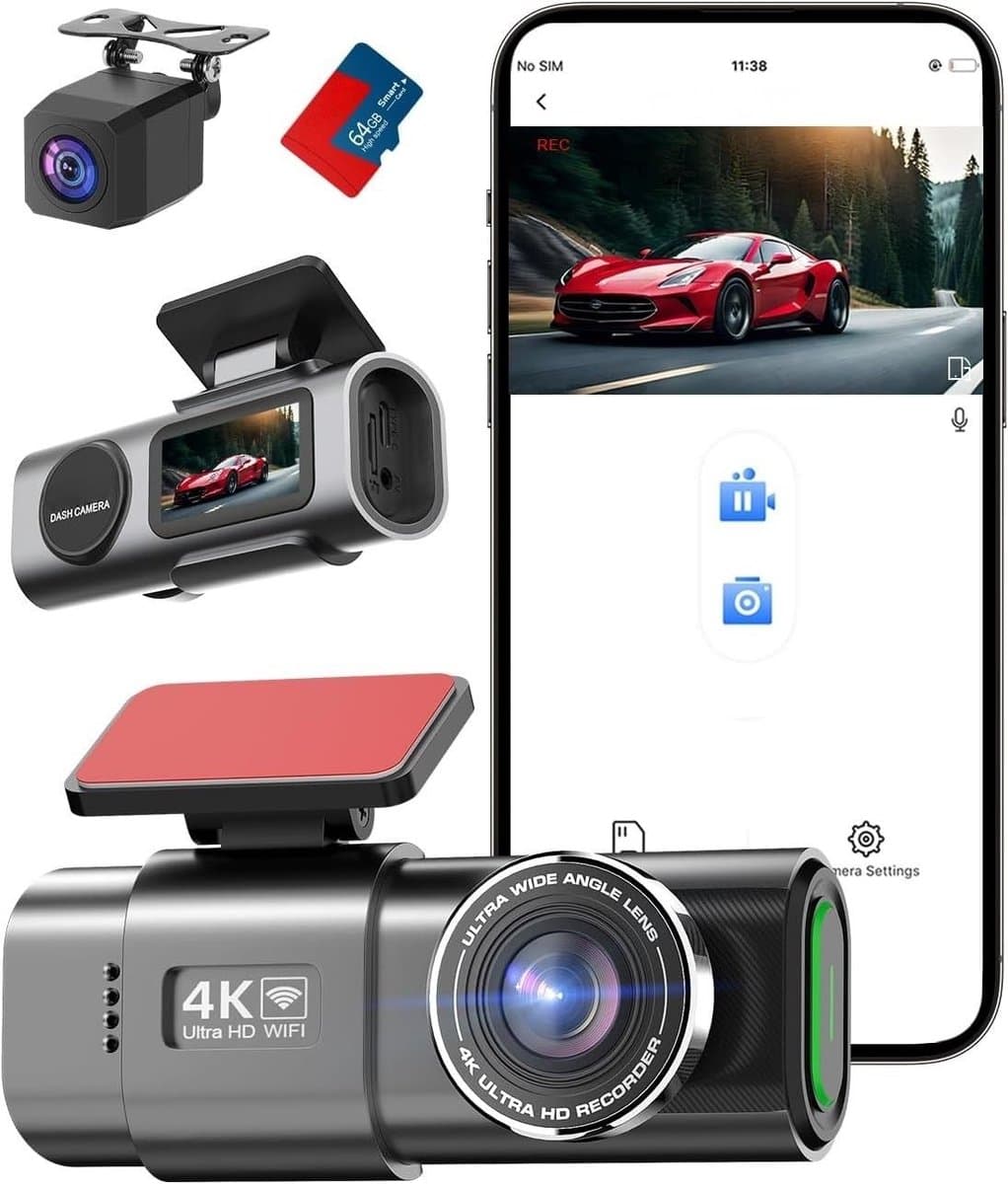 SNJY® Dashcam voor Auto - Auto Camera - Dashcam Voor en Achter Draadloos - 4K+1080P - 64 GB - 170°+140° Groot Gezichtsveld - Zwart — afbeelding 1