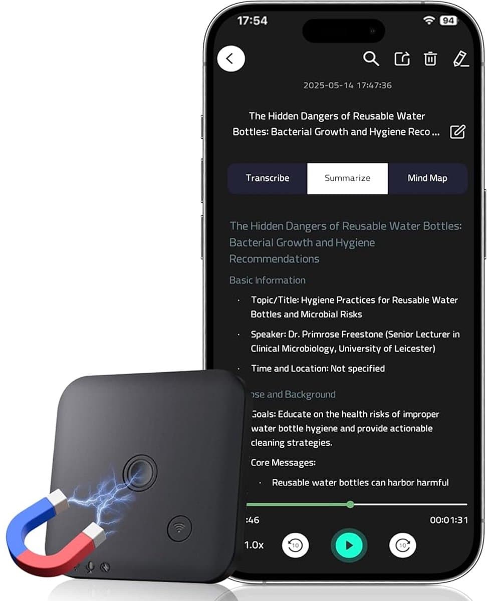AI Digitale Voice Recorder 64GB - Magnetisch Mini Apparaat met ChatGPT-4o, Transcriptie & Samenvatting in 102 Talen, Eén-Knop Opname - Zwart — afbeelding 1