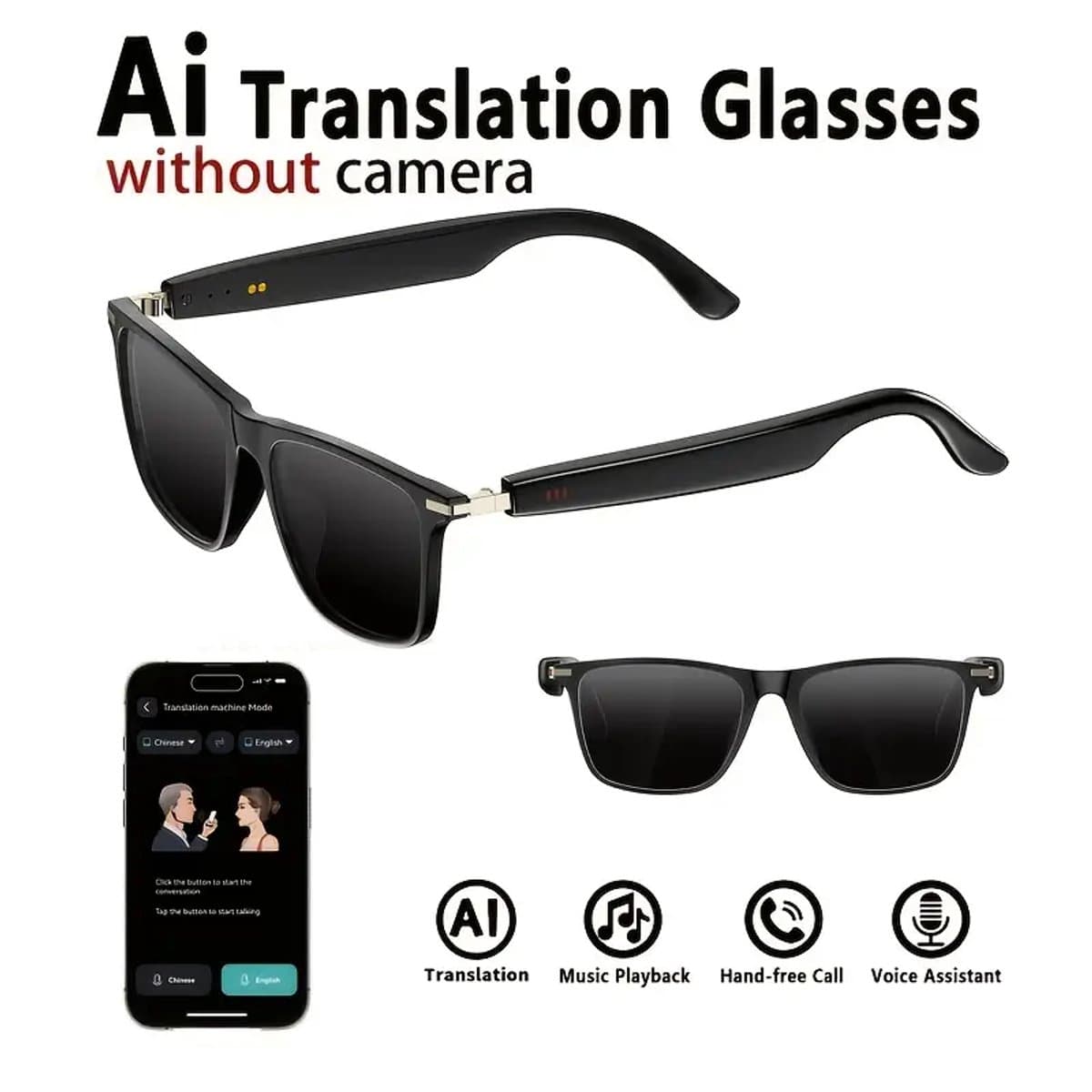 Real-Time Vertaalbril met Spraakherkenning in 160+ Talen – AI Translator Smart Glasses – Bluetooth – Discreet & Draadloos – Voor Reizen, Zakelijk, Studie & Social Talk – Stijlvolle Bril in met Zwarte Glazen en Zwart Montuur | House of Discovery — afbeelding 1