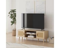 TV Meubel 137x38x48 cm – Lage TV Kast 2-Deurs met Opbergruimte voor 55-65 Inch Televisie – Eiken – Abkantoor