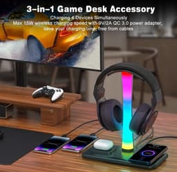 3-in-1 RGB Gaming Hoofdtelefoonstandaard - Headsethouder met 15 W draadloze oplader - Gaming-hoofdtelefoonhouder met 9 lichtstanden - voor alle hoofdtelefoons - Geheugenfunctie - Koptelefoon standaard - houder - Zwart — thumbnail 5