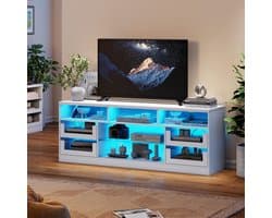 TV-meubel met RGB LED-verlichting en stopcontacten 138 × 35 × 50 cm – TV kast / TV lowboard voor 43-65 inch televisie met 4 glazen laden, 5 open vakken, USB, Type-C en kabelmanagement – Modern wit – Depauw