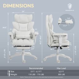 Dowinx Gamingstoel - Ergonomische Bureaustoel - Pocketvering Zitkussen - Dubbele Zachte Rugleuning - Verstelbaar Lendenkussen - Armleuningen - Voetsteun - PU - Wit — thumbnail 3