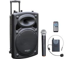 Draagbare luidspreker 15 inch, 800W max, met Bluetooth, draadloze microfoons en langdurige accu