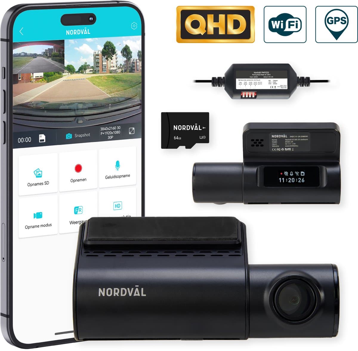 Nordväl DC101-2K Dashcam – Incl. 64GB SD Kaart & Parkeermodus kabel set – 2K HD – Wifi – GPS – Parkeermodus – Nachtzicht – Super compact – Auto camera – Dashcam voor auto — afbeelding 1