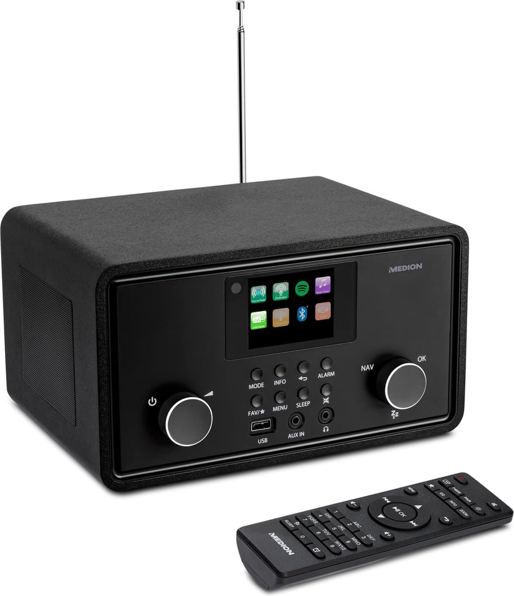 MEDION P85027 Internetradio (DAB Plus, FM-radio, Spotify Connect, WLAN, Bluetooth, Streaming, Equalizer, Kleurenbeeldscherm, USB, AUX, Wekker, Sluimerfunctie, Slaaptimer), MD88069, zwart — afbeelding 1