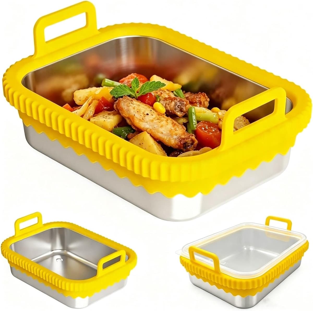Airfryer roestvrij staal voor COSORI heteluchtfriteuse voor Ninja heteluchtfriteuse AF400EU AF500EU SL400EU AF451EU, roestvrijstalen airfryer accessoires, afneembare siliconen ring (geel — afbeelding 1