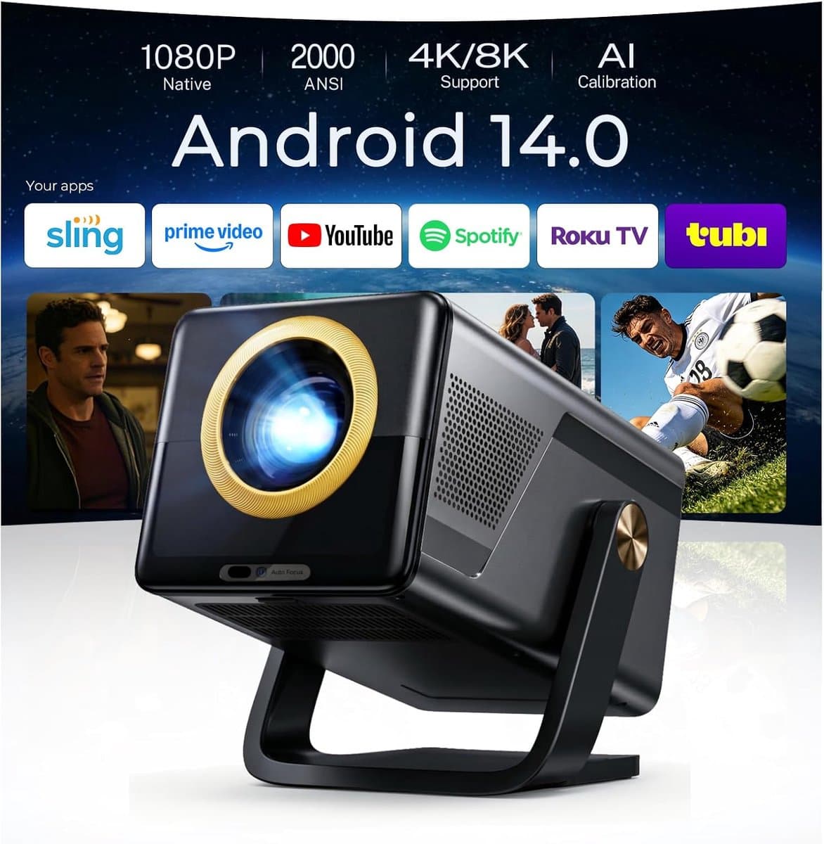 2000 ANSI Native 1080P Smart Projector, 4K ondersteund, Android 14 projectir Mini Projector met WiFi & Bluetooth, Auto Focus, Keystone, 4K Projector Home Cinema voor Slaapkamer & Outdoor Projector X7 — afbeelding 1