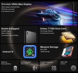 Tablet 13,4 Inch 18GB RAM - 128GB Opslag - Octa Core Processor - IPS Scherm - Android 16 - 4G LTE Verbinding — thumbnail 1