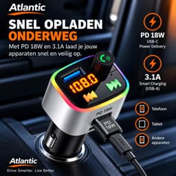 Bluetooth Atlantic FM-transmitter voor auto met handsfree bellen, USB-C PD 18W snelladen, USB-A, EQ/bass en LED-sfeerverlichting. — thumbnail 2