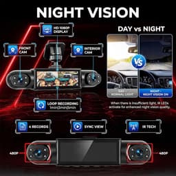 Dashcam autocamera, 4 kanalen, 360 graden, 8,9 cm (3,16 inch), geïntegreerd nachtzicht, bewegingsdetectie, 24/7 parkeermodus, achteruitrijhulp — thumbnail 4