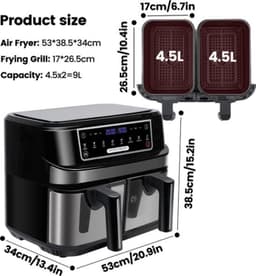 Digitale airfryer - PFAS-vrij - 9 liter - Heteluchtfriteuse - Zwart - Digitaal scherm - 8 voorinstellingen - Verstelbaar grillrack - 2 onafhankelijke 4,5L lades - LED-touchscreen — thumbnail 2
