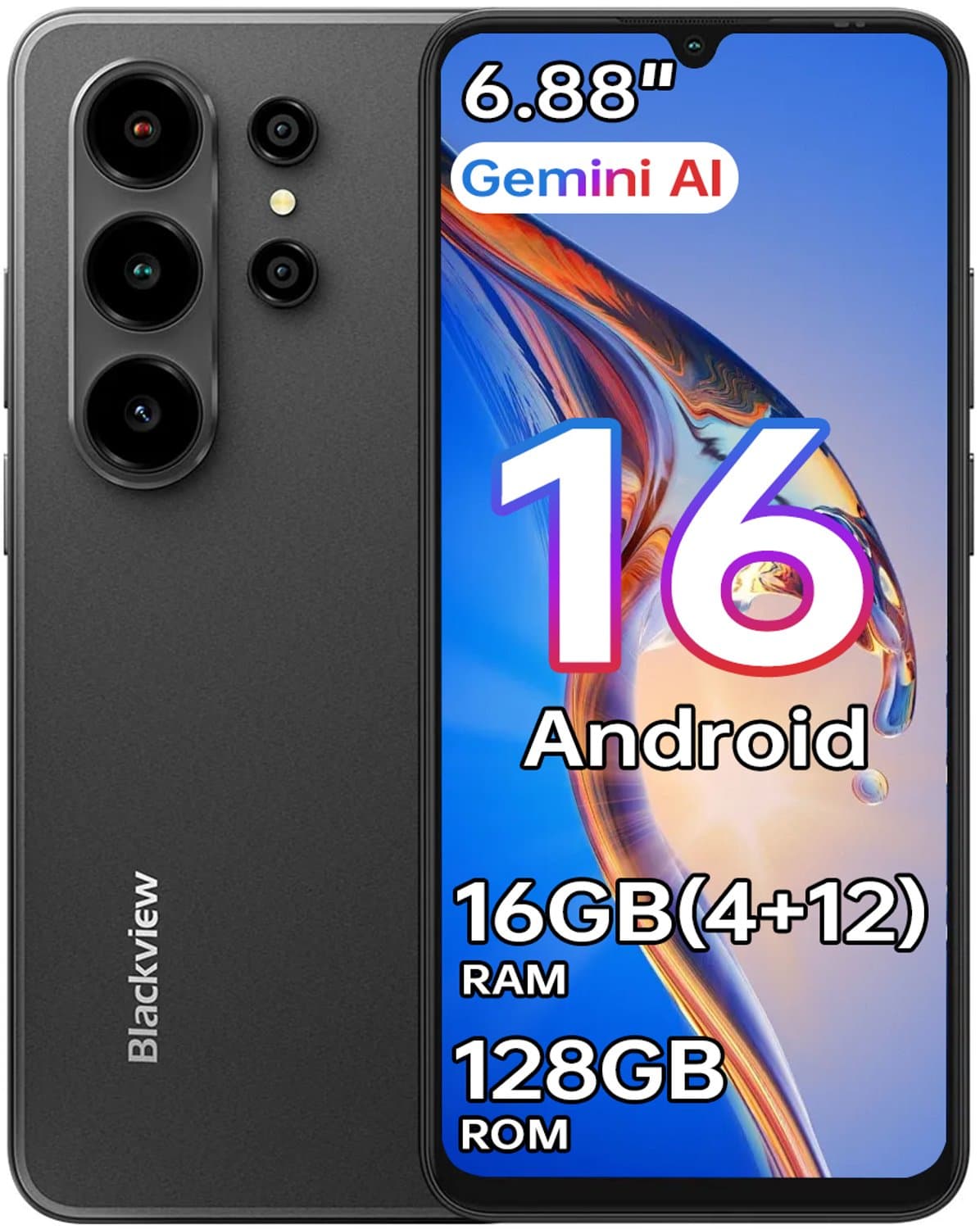 Blackview WAVE 10C Smartphone 16GB(4+12) RAM 128GB ROM Zwart — afbeelding 1