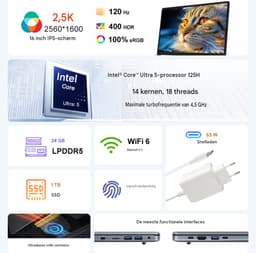 N16 Pro Laptop - 16 Inch 2.5K Mat Scherm - Intel Core Ultra 5 125H Processor - 24GB LPDDR5 Geheugen - 1TB SSD Opslag - Windows 11 - Zilvergrijs — thumbnail 4