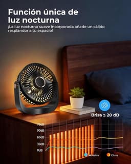Solvix tafel ventilator geluidloos - Tafelfan met Nachtlamp - Zwart - Oplaadbare USB Fan - 5 Snelheden - Voor Thuis, Kantoor en Reis — thumbnail 3