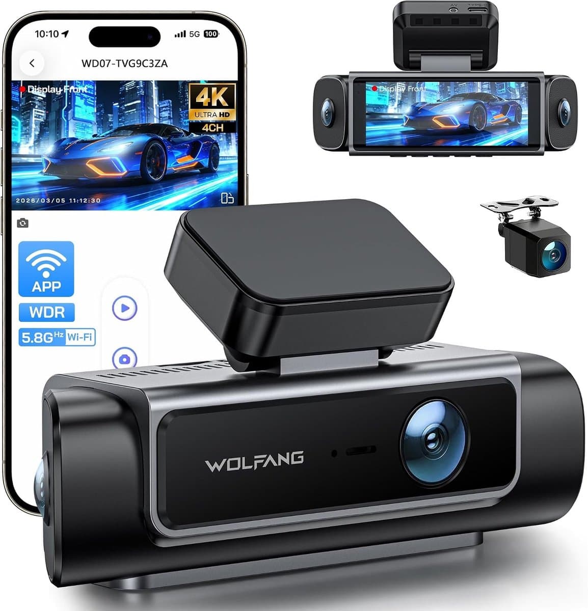 Dashcam voor auto - Zwart - 3,39 inch IPS scherm - 4-kanaals met nachtzicht en app-bediening - Voor personenauto's — afbeelding 1