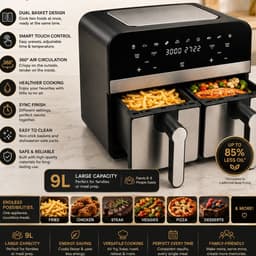 Comfy Nest Dubbele Airfryer XXL - CN-AFD45NS - 2400W - Duo Airfryer - 9L - Zwart/Zilver — thumbnail 5