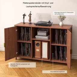 BROTTAR 47,2" platenspelermeubel bruin met geribbelde deuren, vinylplatenkast voor 7"/10"/12" LP's, 16 opbergvakken, stofvrije opberging, mid-century design voor woonkamer en muziekhoek — thumbnail 4
