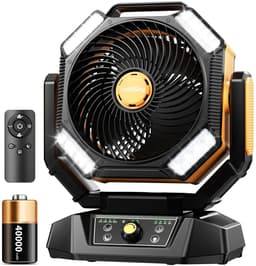 Skytoo Campingventilator - 40.000 mAh batterij - 8 snelheden - 4 led-lampen - Dubbele motor - 270° rotatie - Afstandsbediening - Lange gebruiksduur - Krachtige luchtstroom - Voor camping, tent & buitengebruik - Geel — thumbnail 1