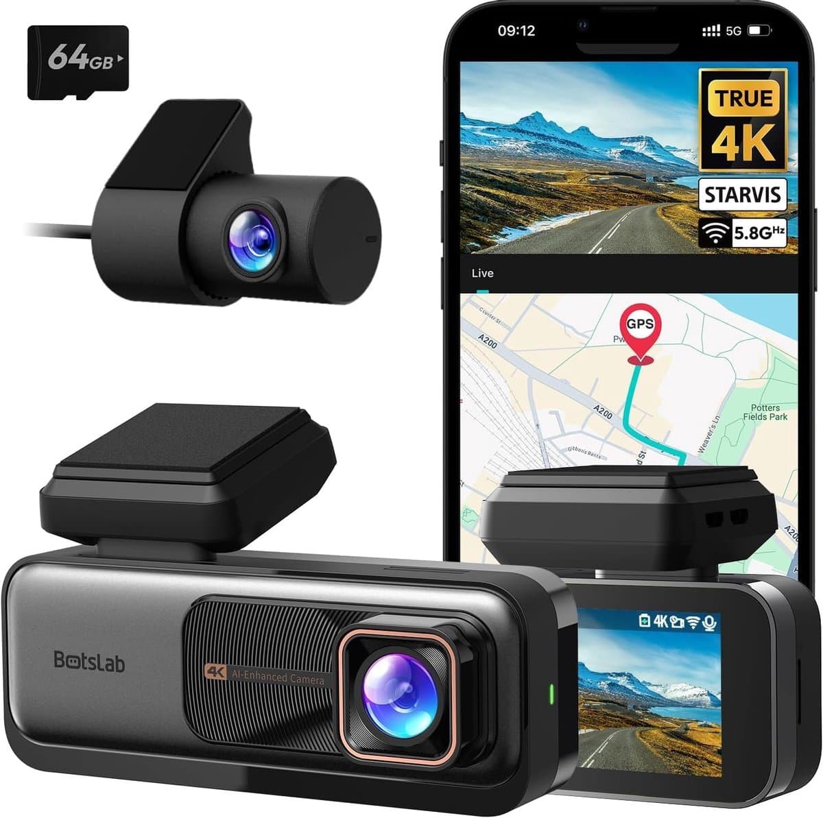 Dashcam Voor & Achter 4K – GPS & 5GHz WiFi – 64GB SD-kaart – ADAS – Nachtzicht – 170° Groothoek — afbeelding 1