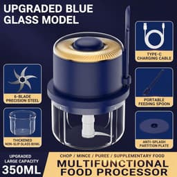 Keukenmachine - Mini hakmolen - Eten bereiden - Draadloze flexibiliteit - 350 ml - Blauw — thumbnail 2
