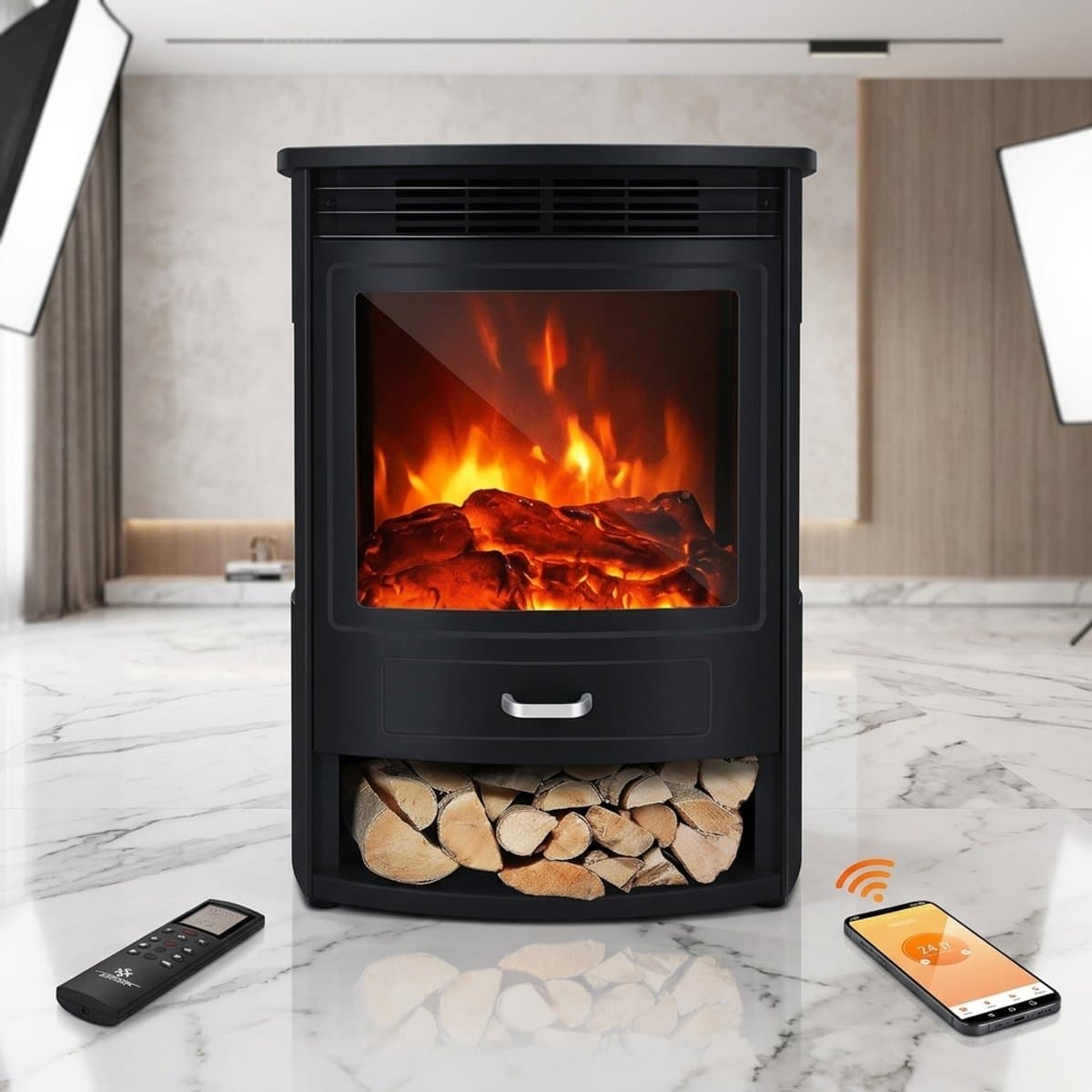 Luxe Elektrische Sfeerhaard met WiFi - Zwart - WiFi App, Afstandsbediening, LED Vlameffect, - Medahomestore — afbeelding 1