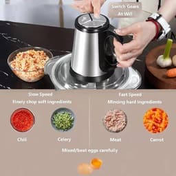 Keukenmachine - Voedselmolen Groentehakker - Snel Ingrediënten Hakken - Dubbele RVS Messen - 3L Kom - Zilver — thumbnail 5