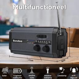 Bondoo Noodradio 5000 mAh – Noodradio solar opwindbaar - Noodradio op batterijen - Noodradio opwindbaar en batterij - Radio noodpakket - Draagbare radio – Noodradio DAB+ - Powerbank zonneenergie - Zwart — thumbnail 4