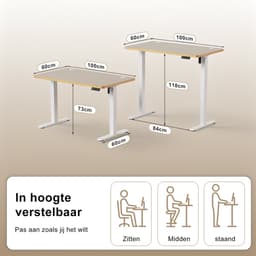 Devoko Elektrisch Hoogteverstelbaar Bureau - Zit-Sta Bureau 100x60 cm - Digitaal Display met 2 Geheugenstanden en Zitherinnering - Wit/Beige — thumbnail 2