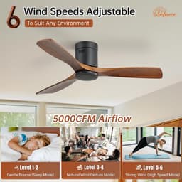 Plafondventilator zonder lamp – Stil – Met afstandsbediening – 6 snelheden – 132 cm massief houten bladen — thumbnail 3