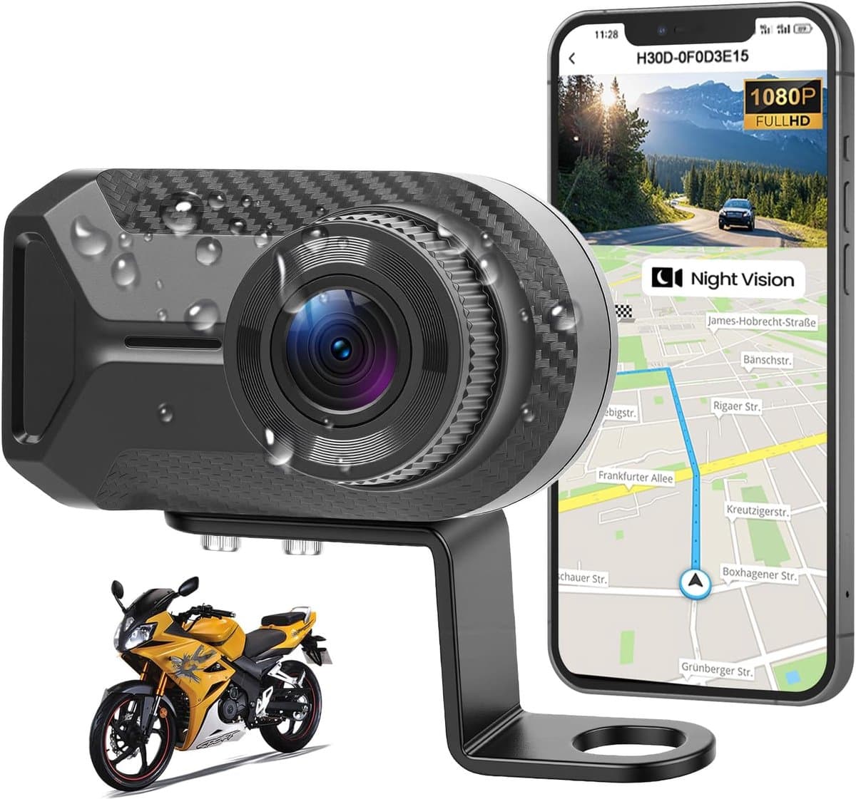 SnelShoppen - CAMECHO Mini Motorfiets Dashcam 1080P IP66 Waterdicht Voorzijde Camera zonder Display, 110° Groothoek Nachtzicht, WiFi App, Loopopname, — afbeelding 1