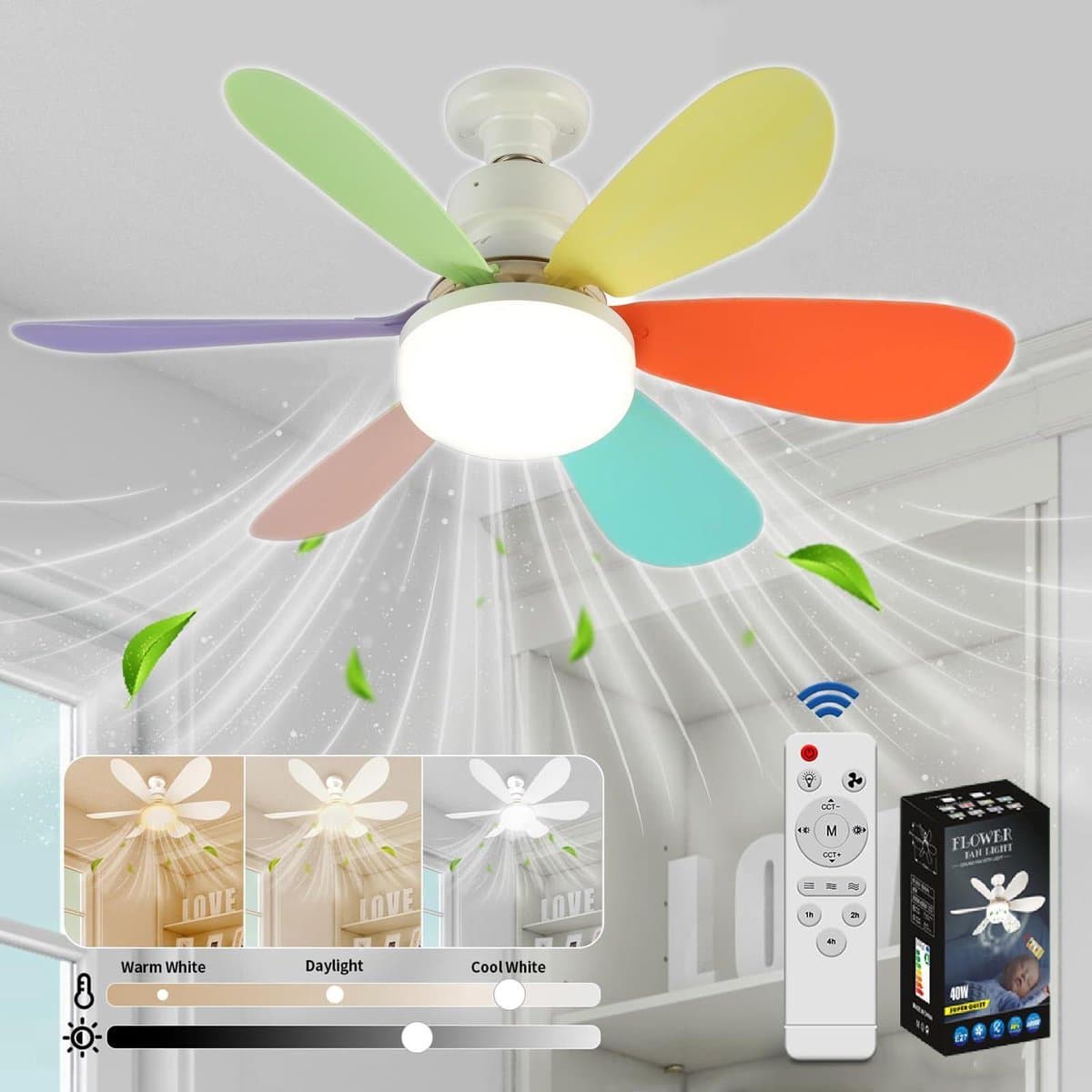 Plafondventilator met Licht - Inschroefbare Mini Ventilator met Afstandsbediening - 52 cm - 3 Snelheden en 3 Kleurtemperaturen - Veelkleurig — afbeelding 1