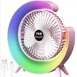 Nieuwe USB-bureauventilator met 3 standen en kleurrijke LED-verlichting – Draagbare tafelventilator – Stille desktopventilator – 180° draaibaar – Voor thuis, kantoor, slaapkamer en studentenkamer (Roze) — thumbnail 1