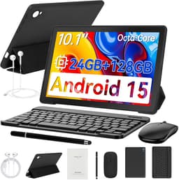 10.1 inch Kindertablet - Android 15 tablet - 24(4+20)GB RAM/128GB ROM - Wifi 6 - Met Toetsenbord, Muis, Oordopjes & Bescherming – Perfect Voor School & Thuiswerken & Reizen - Zwart — thumbnail 1