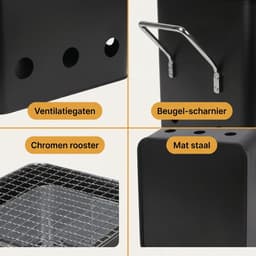 Cheqo® BBQ Kubus - Mini-Barbecue - Houtskool BBQ - Tafelbarbecue - Draagbare Grill - Camping BBQ - Picknick BBQ - Outdoor BBQ - Balkon Barbecue - Eenpersoons BBQ - Meeneem BBQ - Tuinfeest BBQ - Mat Zwart - Barbecue - Kolen BBQ - Tuin BBQ - Grill — thumbnail 2